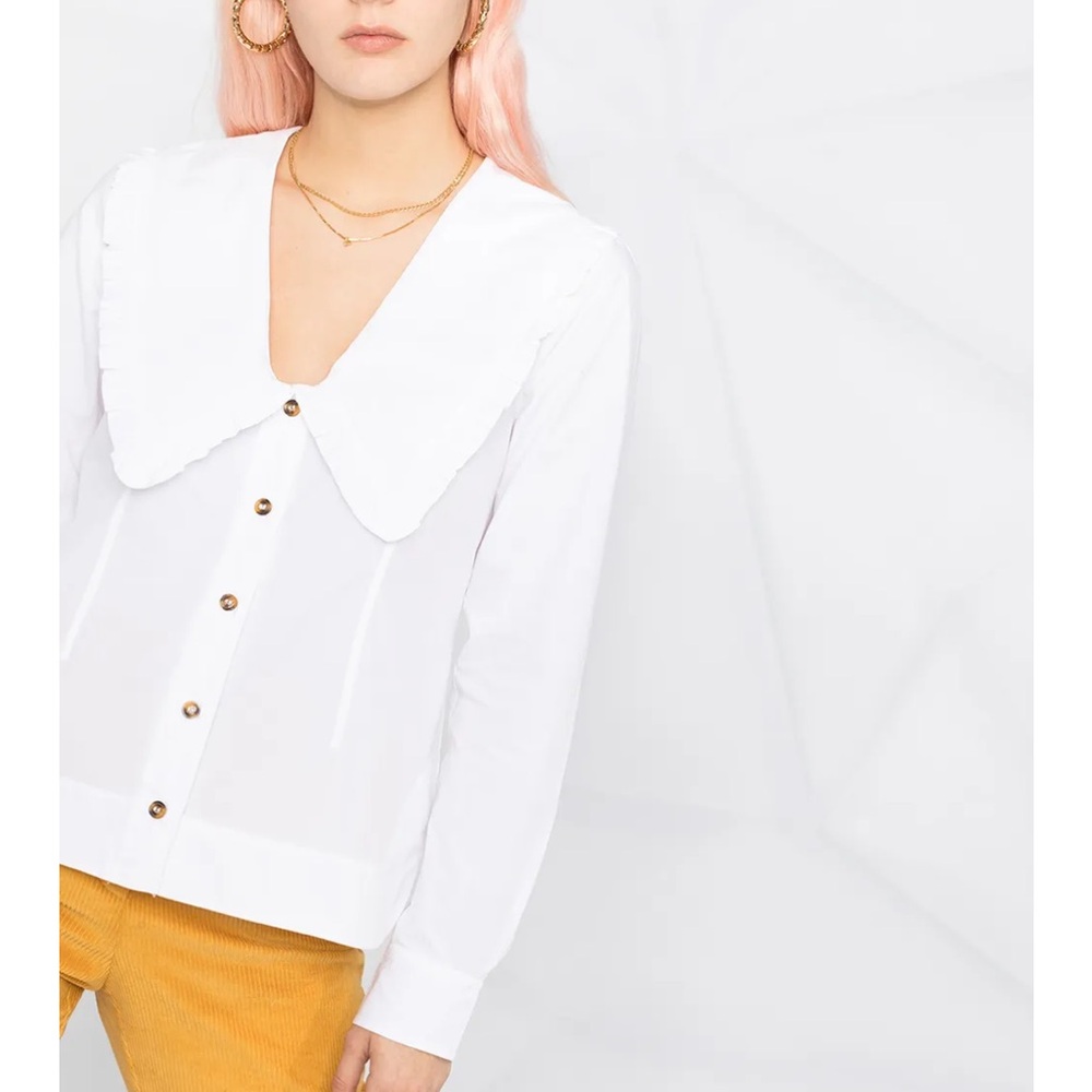 Ganni Wide Ruffle-Trimmed Collar Cotton Poplin Shirt
